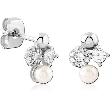 STERLING SILVER 925 STUD EARRINGS PEARL AND CLEAR GEM CLUSTER TRIO
