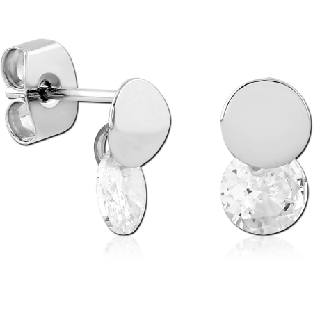 STERLING SILVER 925 STUD EARRINGS POLISHED DISC TOP WITH ROUND DROP GEM
