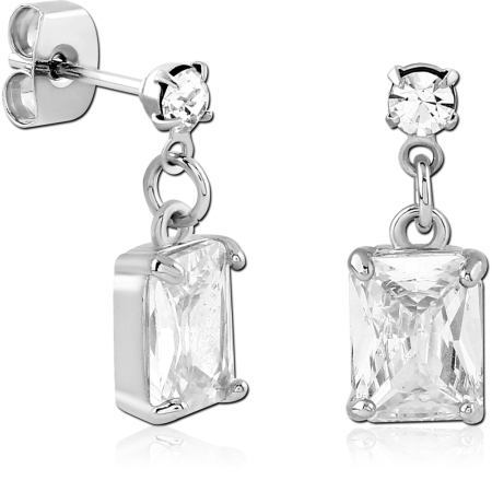 STERLING SILVER 925 STUD EARRINGS ROUND GEM TOP WITH EMERALD-CUT RECTANGLE GEM DROP