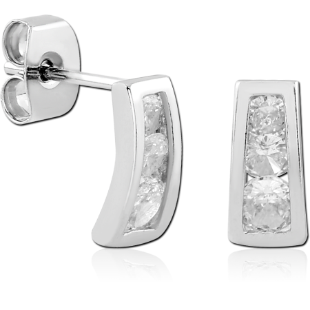 STERLING SILVER 925 STUD EARRINGS TAPERED CURVED BAR WITH DOUBLE ROUND GEMS
