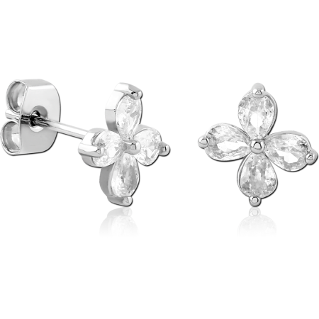 STERLING SILVER 925 STUD EARRINGS FOUR-PETAL FLOWER WITH PEAR-CUT CLEAR GEMS