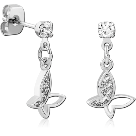STERLING SILVER 925 STUD EARRINGS ROUND GEM TOP WITH JEWELED BUTTERFLY DANGLE