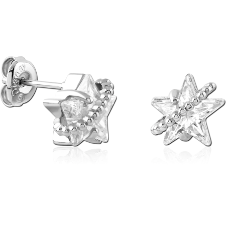 STERLING SILVER 925 STUD EARRINGS STAR GEM WITH BEADED RING ACCENT