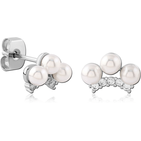 STERLING SILVER 925 STUD EARRINGS TRIPLE PEARL CLUSTER WITH CURVED ROW OF GEMS