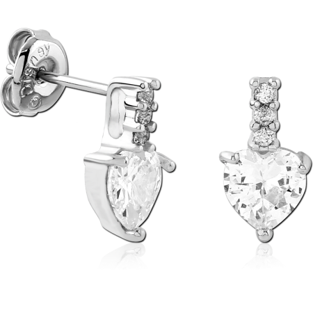 STERLING SILVER 925 STUD EARRINGS HEART GEM DROP WITH THREE ROUND GEMS