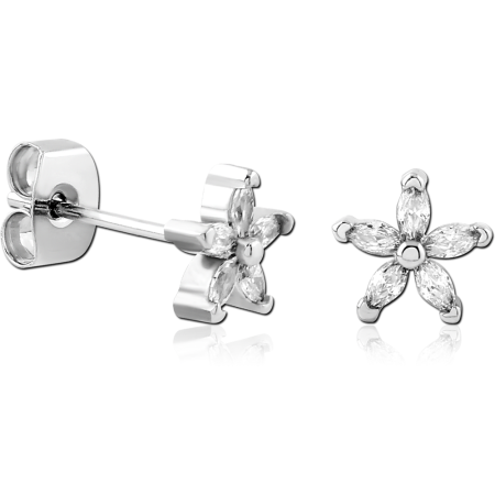 STERLING SILVER 925 STUD EARRINGS SIX-PETAL FLOWER WITH MARQUISE-CUT CLEAR GEMS