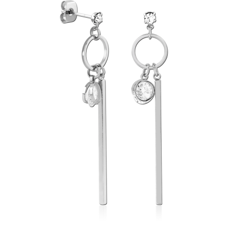 STERLING SILVER 925 STUD EARRINGS CIRCLE DROP BAR WITH BEZEL GEM CHARMS