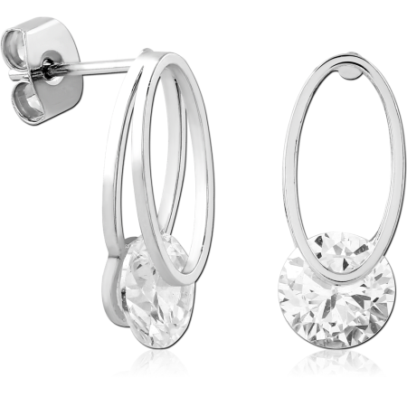 STERLING SILVER 925 STUD EARRINGS DOUBLE OVAL HOOP WITH ROUND GEM DROP