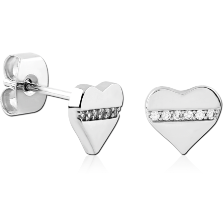 STERLING SILVER 925 STUD EARRINGS HEART WITH PAVE STRIPE CLEAR GEMS