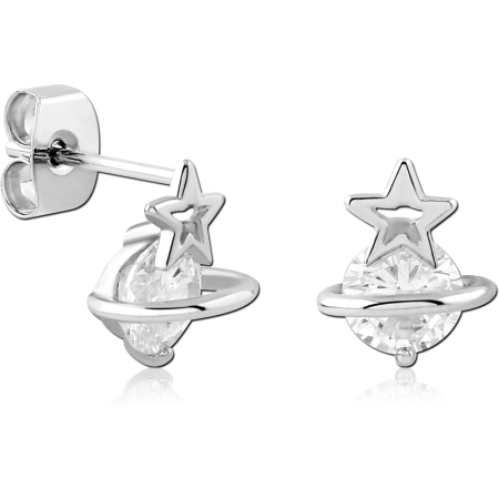 STERLING SILVER 925 STUD EARRINGS STAR AND PLANET RING WITH GEM