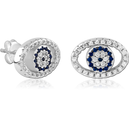 STERLING SILVER 925 STUD EARRINGS OVAL EVIL EYE BLUE AND CLEAR GEMS