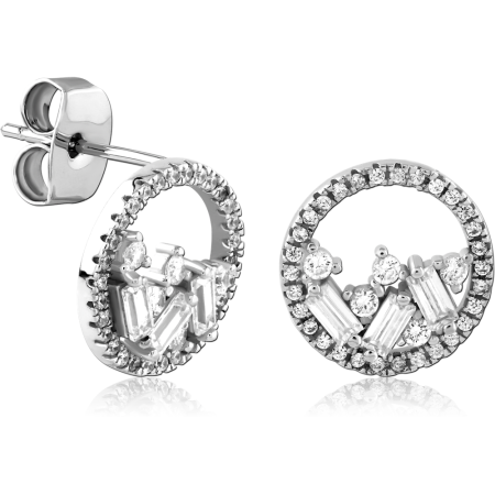 STERLING SILVER 925 STUD EARRINGS OPEN CIRCLE WITH BAGUETTE AND ROUND GEMS