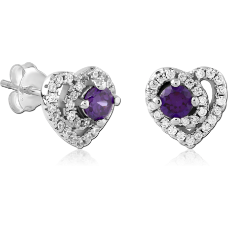 STERLING SILVER 925 STUD EARRINGS OPEN HEART HALO PURPLE CENTER GEM ACCENTS