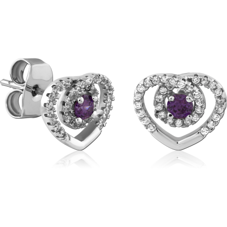 STERLING SILVER 925 STUD EARRINGS HEART OUTLINE HALO PURPLE CENTER GEM ACCENTS