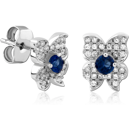 STERLING SILVER 925 STUD EARRINGS BUTTERFLY PAVE CLEAR GEMS BLUE CENTER GEM
