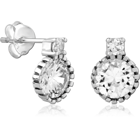 STERLING SILVER 925 STUD EARRINGS DOUBLE ROUND CLEAR GEM DROP BASKET SETTING