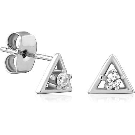 STERLING SILVER 925 STUD EARRINGS OPEN TRIANGLE FRAME SINGLE CLEAR GEM DESIGN