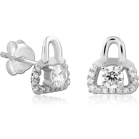 STERLING SILVER 925 STUD EARRINGS PADLOCK SHAPE CLEAR CENTER GEM HALO DESIGN