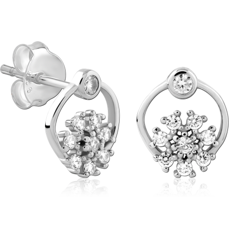 STERLING SILVER 925 STUD EARRINGS OPEN CIRCLE BEZEL TOP AND CLUSTER GEMS