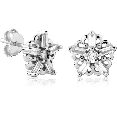 STERLING SILVER 925 STUD EARRINGS STARBURST DESIGN BAGUETTE ACCENTS CLEAR CENTER GEM
