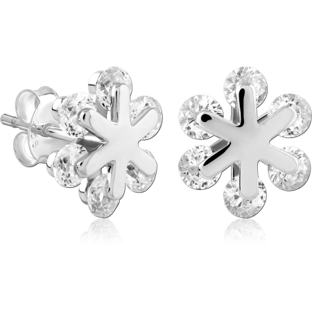 STERLING SILVER 925 STUD EARRINGS SIX PETAL FLOWER CLEAR GEM ACCENTS DESIGN