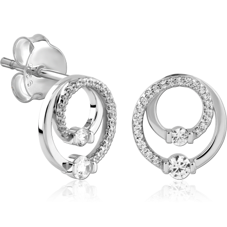 STERLING SILVER 925 STUD EARRINGS DOUBLE CIRCLE PAVE AND SOLITAIRE CLEAR GEMS