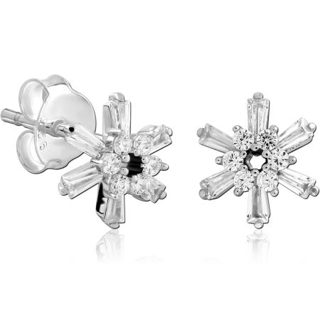 STERLING SILVER 925 STUD EARRINGS SNOWFLAKE BAGUETTE AND ROUND CLEAR GEM CLUSTER