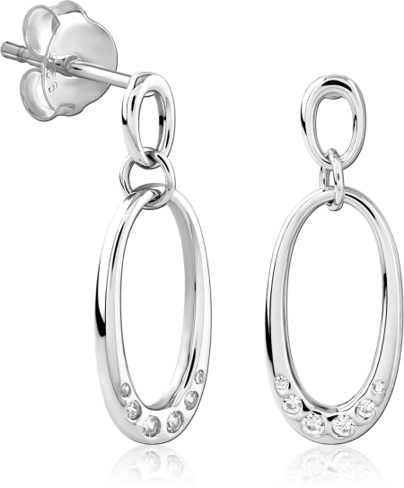 STERLING SILVER 925 DROP STUD EARRINGS OPEN OVAL WITH CLEAR GEM ACCENTS