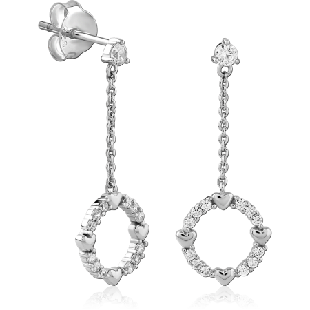 STERLING SILVER 925 DROP STUD EARRINGS CIRCLE WITH HEARTS AND CLEAR GEMS