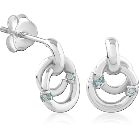 RHODIUM PLATED STERLING SILVER 925 STUD EARRINGS INTERLOCKING HOOPS WITH BLUE CRYSTALS