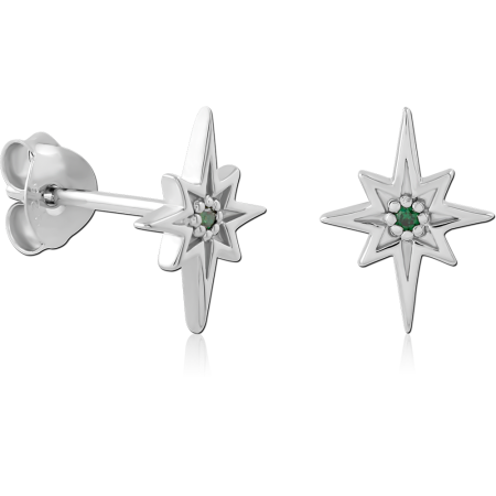 RHODIUM PLATED STERLING SILVER 925 STUD EARRINGS STARBURST GREEN GEM CENTER