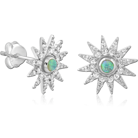 RHODIUM PLATED STERLING SILVER 925 STUD EARRINGS PAVE STARBURST OPAL CENTER