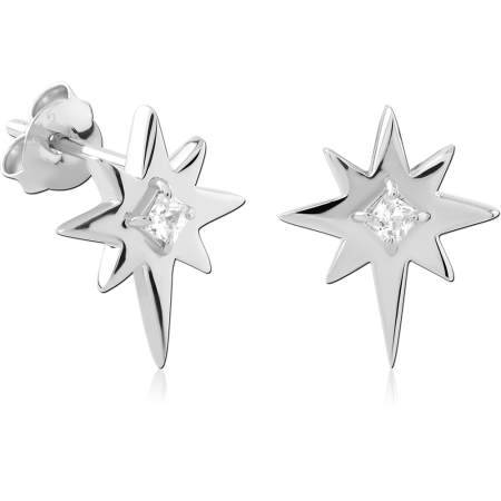 STERLING SILVER 925 STUD EARRINGS STARBURST WITH PRINCESS CUT CLEAR GEM CENTER