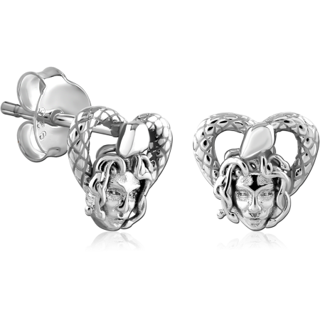RHODIUM PLATED STERLING SILVER 925 STUD EARRINGS SNAKE HEART ENGRAVED FACE