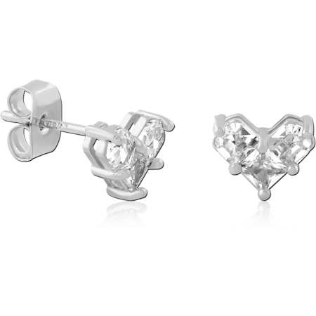 STERLING SILVER 925 STUD EARRINGS HEART SHAPED CLEAR GEM SOLITAIRE PRONG SET
