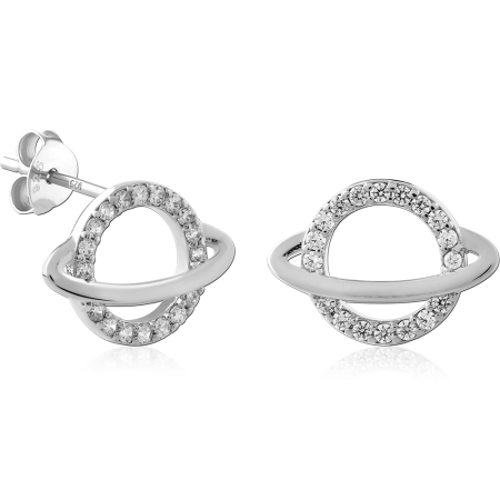 STERLING SILVER 925 STUD EARRINGS PLANET RING WITH PAVE CLEAR GEM HALO