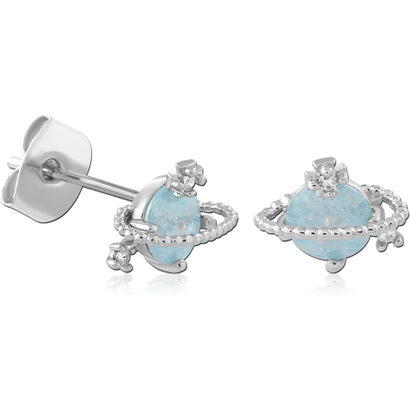 STERLING SILVER 925 STUD EARRINGS BLUE OPAL PLANET WITH CLEAR GEM ACCENTS