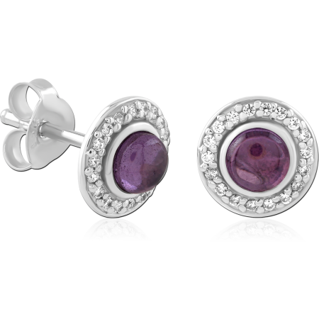 STERLING SILVER 925 STUD EARRINGS PURPLE CABOCHON WITH CLEAR GEM HALO