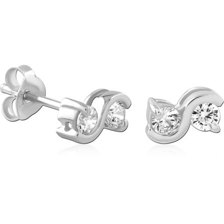 STERLING SILVER 925 STUD EARRINGS CURVED WAVE WITH TWIN CLEAR GEMS
