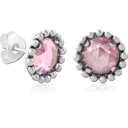 STERLING SILVER 925 STUD EARRINGS ROUND PINK GEM WITH BEADED HALO SETTING