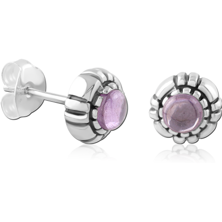 STERLING SILVER 925 STUD EARRINGS LAVENDER CABOCHON GEM WITH FLUTED BEZEL