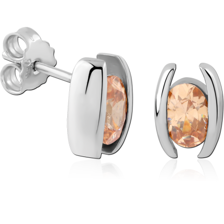 STERLING SILVER 925 STUD EARRINGS OVAL PEACH GEM MODERN BAR SETTING