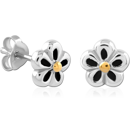 STERLING SILVER 925 STUD EARRINGS OPEN PETAL FLOWER WITH YELLOW CENTER