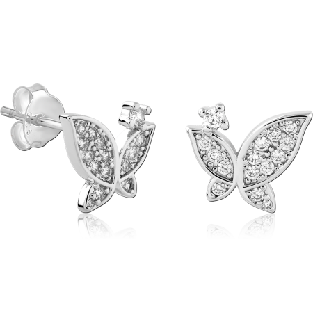 STERLING SILVER 925 STUD EARRINGS PAVE BUTTERFLY DESIGN WITH CLEAR CRYSTALS