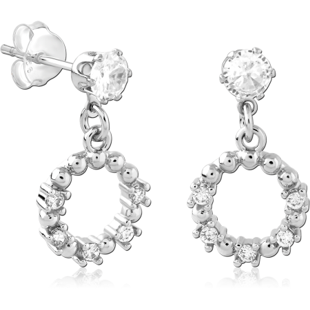 STERLING SILVER 925 STUD EARRINGS CLEAR GEM WITH BEADED CIRCLE DANGLE