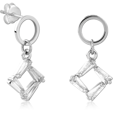 STERLING SILVER 925 STUD EARRINGS OPEN RING WITH BAGUETTE RHOMBUS DANGLE