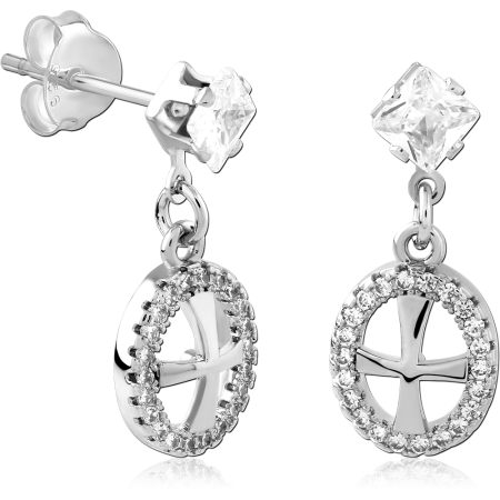 STERLING SILVER 925 STUD EARRINGS SQUARE GEM WITH CROSS OVAL DANGLE