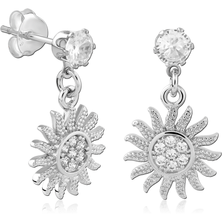 STERLING SILVER 925 STUD EARRINGS CLEAR GEM WITH SUNBURST DANGLE