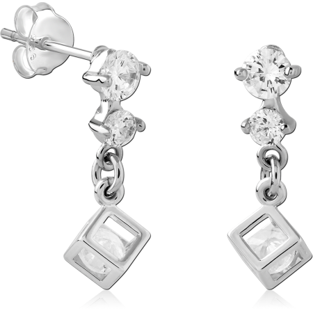 STERLING SILVER STUD EARRINGS DOUBLE ROUND GEM WITH OPEN SQUARE CHARM