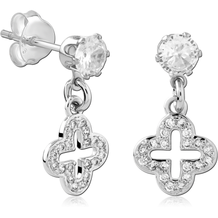 STERLING SILVER STUD EARRINGS ROUND GEM WITH QUATREFOIL PAVE CHARM